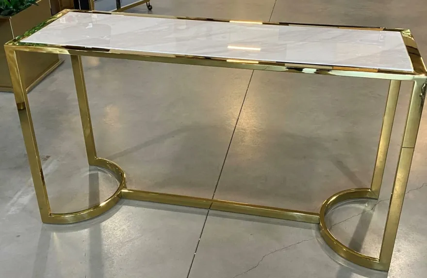 Casa Padrino Luxus Konsole Gold / Weiß 140 x 45 x H. 78 cm - Konsolentisch mit Kunstmarmorplatte
