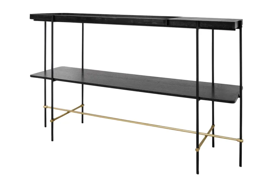 Casa Padrino Luxus Konsole Gold / Schwarz 140 x 40 x H. 90 cm - Konsolentisch mit gebürstetem Edelstahlgestell und schwarzen Eichenfurnier Flächen - Luxus Möbel