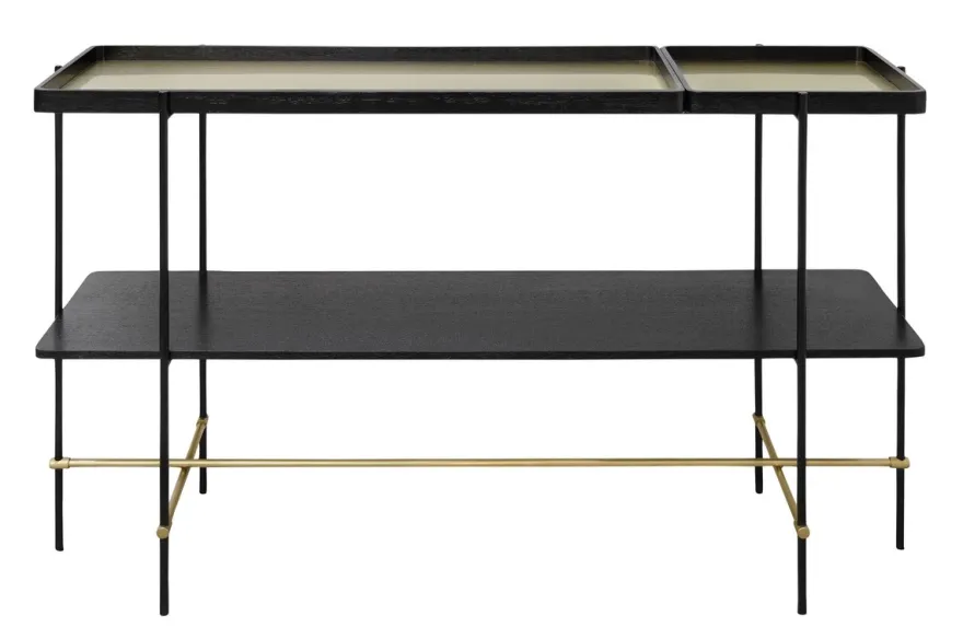 Casa Padrino Luxus Konsole Gold / Schwarz 140 x 40 x H. 90 cm - Konsolentisch mit gebürstetem Edelstahlgestell und schwarzen Eichenfurnier Flächen - Luxus Möbel
