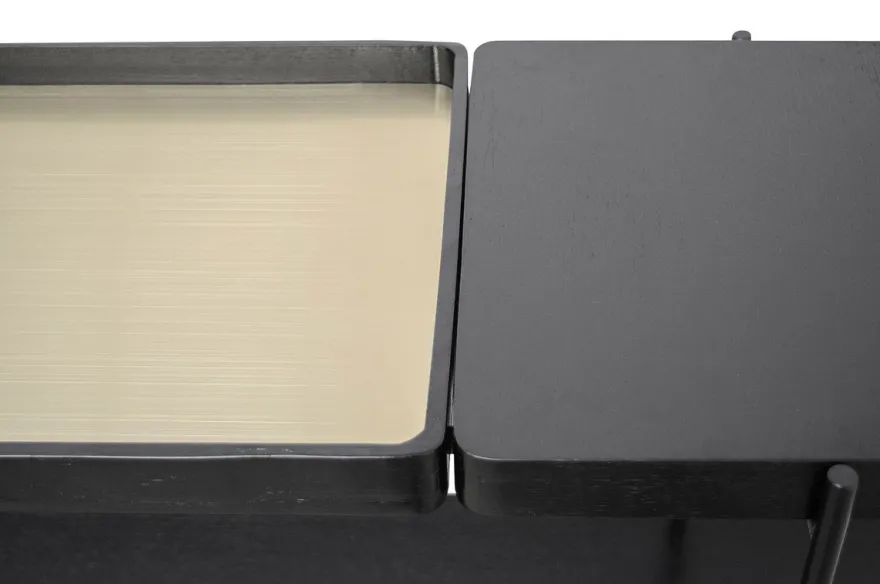 Casa Padrino Luxus Konsole Gold / Schwarz 140 x 40 x H. 90 cm - Konsolentisch mit gebürstetem Edelstahlgestell und schwarzen Eichenfurnier Flächen - Luxus Möbel