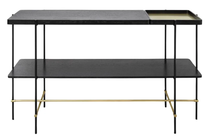 Casa Padrino Luxus Konsole Gold / Schwarz 140 x 40 x H. 90 cm - Konsolentisch mit gebürstetem Edelstahlgestell und schwarzen Eichenfurnier Flächen - Luxus Möbel