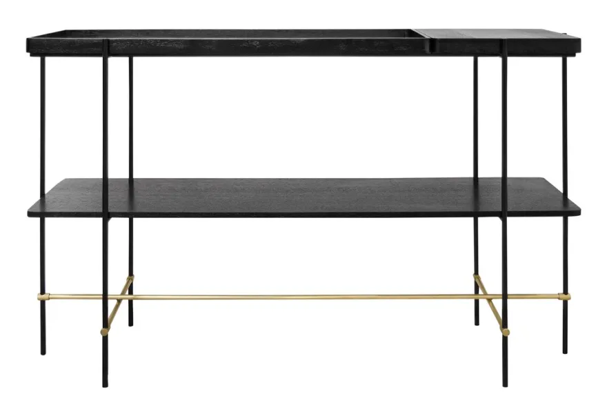 Casa Padrino Luxus Konsole Gold / Schwarz 140 x 40 x H. 90 cm - Konsolentisch mit gebürstetem Edelstahlgestell und schwarzen Eichenfurnier Flächen - Luxus Möbel