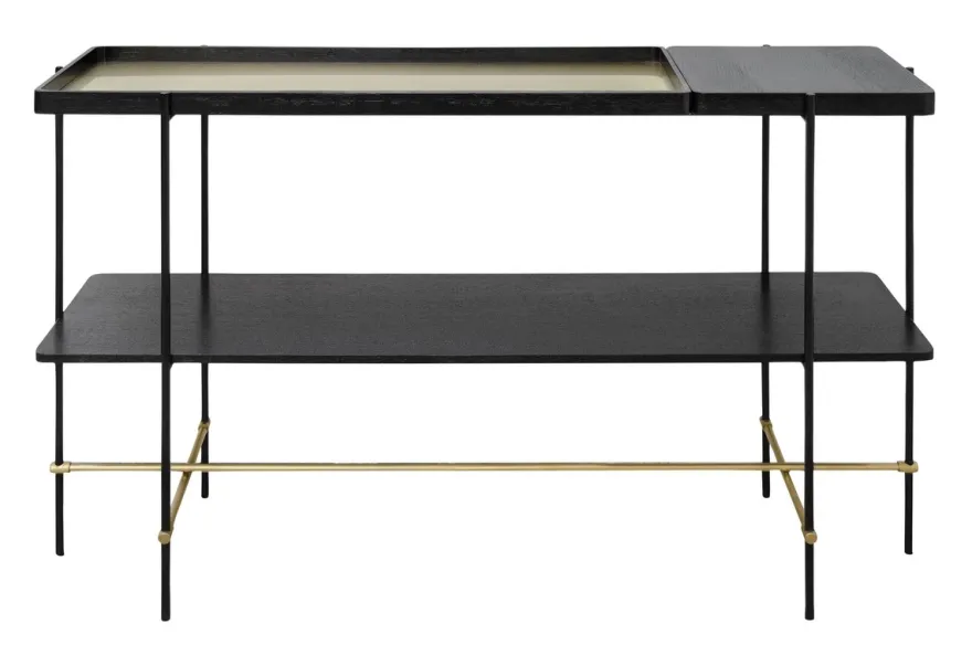 Casa Padrino Luxus Konsole Gold / Schwarz 140 x 40 x H. 90 cm - Konsolentisch mit gebürstetem Edelstahlgestell und schwarzen Eichenfurnier Flächen - Luxus Möbel