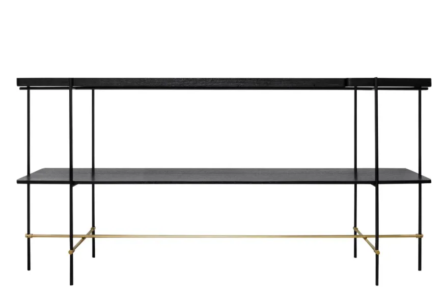 Casa Padrino Luxus Konsole Gold / Schwarz 180 x 40 x H. 90 cm - Langer Konsolentisch mit gebürstetem Edelstahlgestell und schwarzen Eichenfurnier Flächen - Luxus Möbel