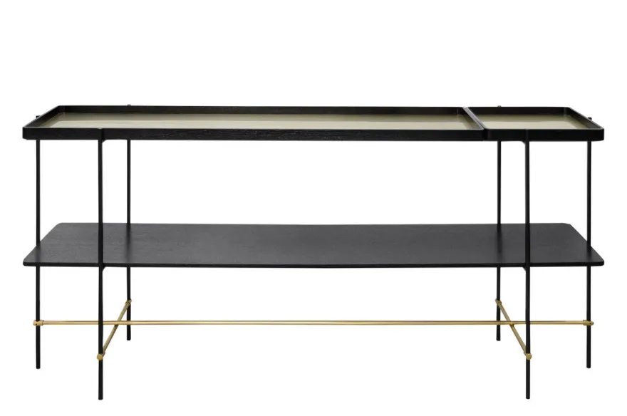 Casa Padrino Luxus Konsole Gold / Schwarz 180 x 40 x H. 90 cm - Langer Konsolentisch mit gebürstetem Edelstahlgestell und schwarzen Eichenfurnier Flächen - Luxus Möbel