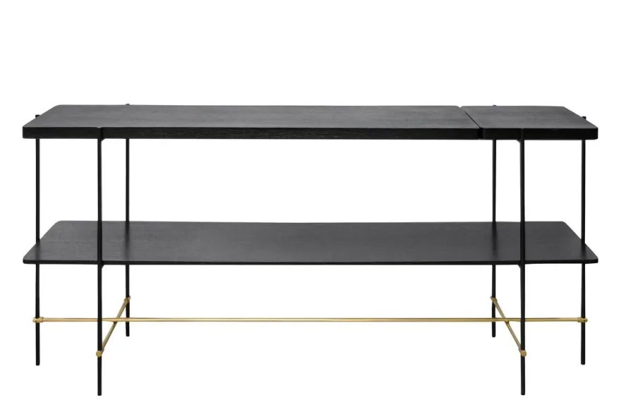 Casa Padrino Luxus Konsole Gold / Schwarz 180 x 40 x H. 90 cm - Langer Konsolentisch mit gebürstetem Edelstahlgestell und schwarzen Eichenfurnier Flächen - Luxus Möbel