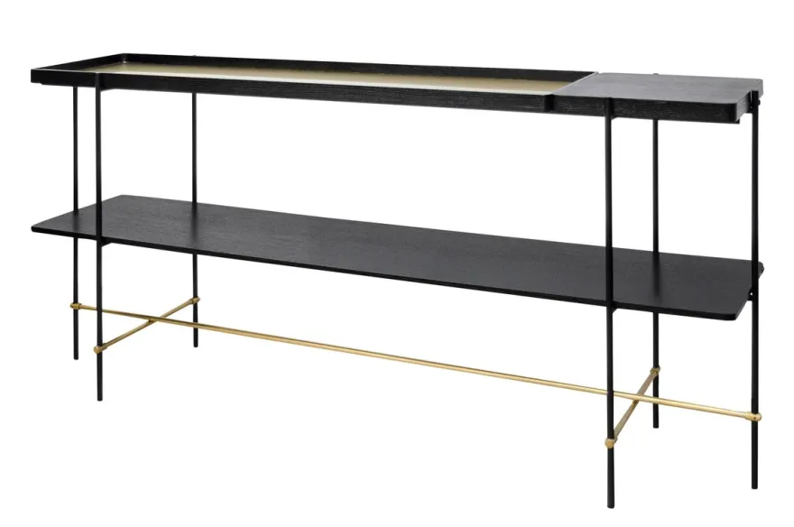 Casa Padrino Luxus Konsole Gold / Schwarz 180 x 40 x H. 90 cm - Langer Konsolentisch mit gebürstetem Edelstahlgestell und schwarzen Eichenfurnier Flächen - Luxus Möbel