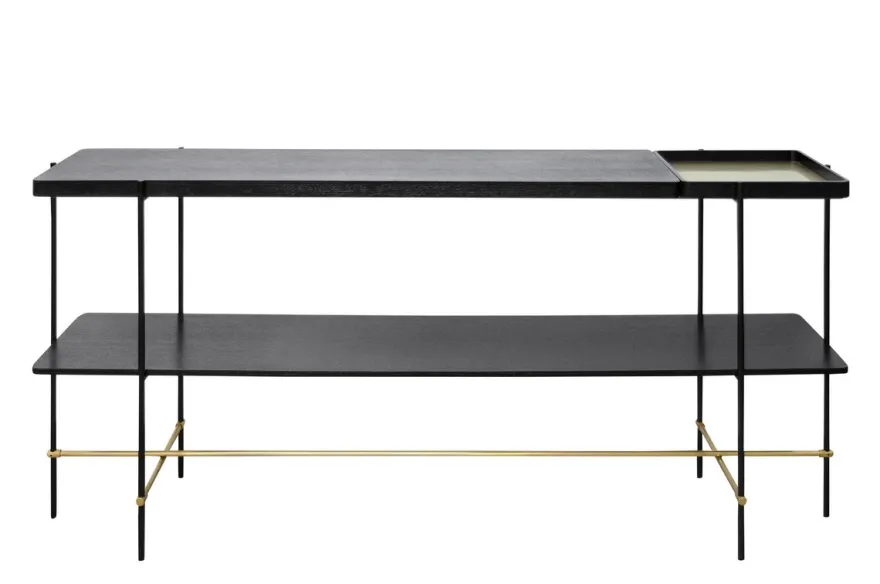Casa Padrino Luxus Konsole Gold / Schwarz 180 x 40 x H. 90 cm - Langer Konsolentisch mit gebürstetem Edelstahlgestell und schwarzen Eichenfurnier Flächen - Luxus Möbel