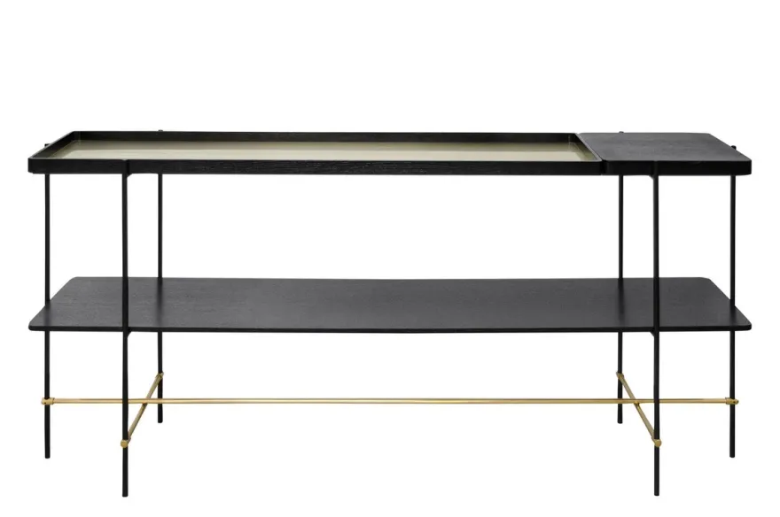 Casa Padrino Luxus Konsole Gold / Schwarz 180 x 40 x H. 90 cm - Langer Konsolentisch mit gebürstetem Edelstahlgestell und schwarzen Eichenfurnier Flächen - Luxus Möbel