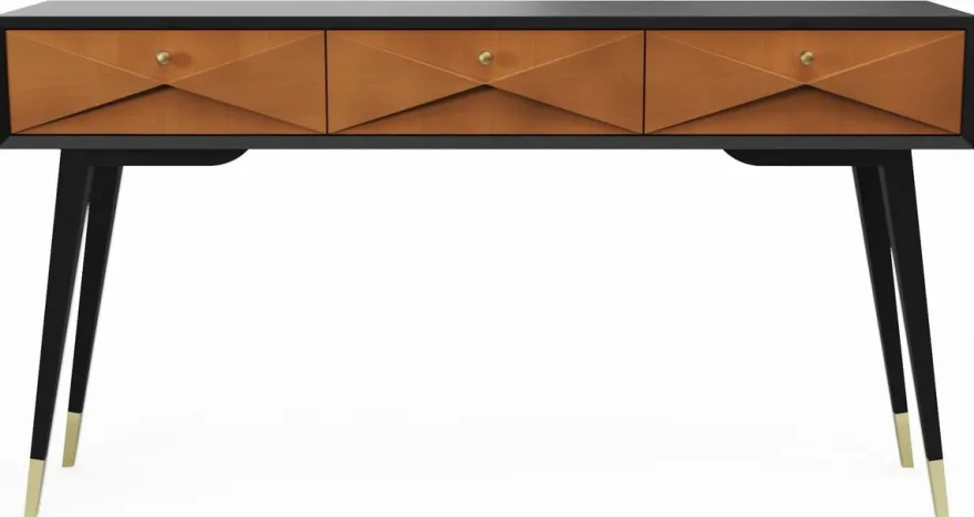 Casa Padrino Luxus Konsole Matt Schwarz / Matt Cognac / Gold 148 x 40 x H. 80 cm - Massivholz Konsolentisch mit 3 Schubladen - Luxus Möbel - Luxus Einrichtung