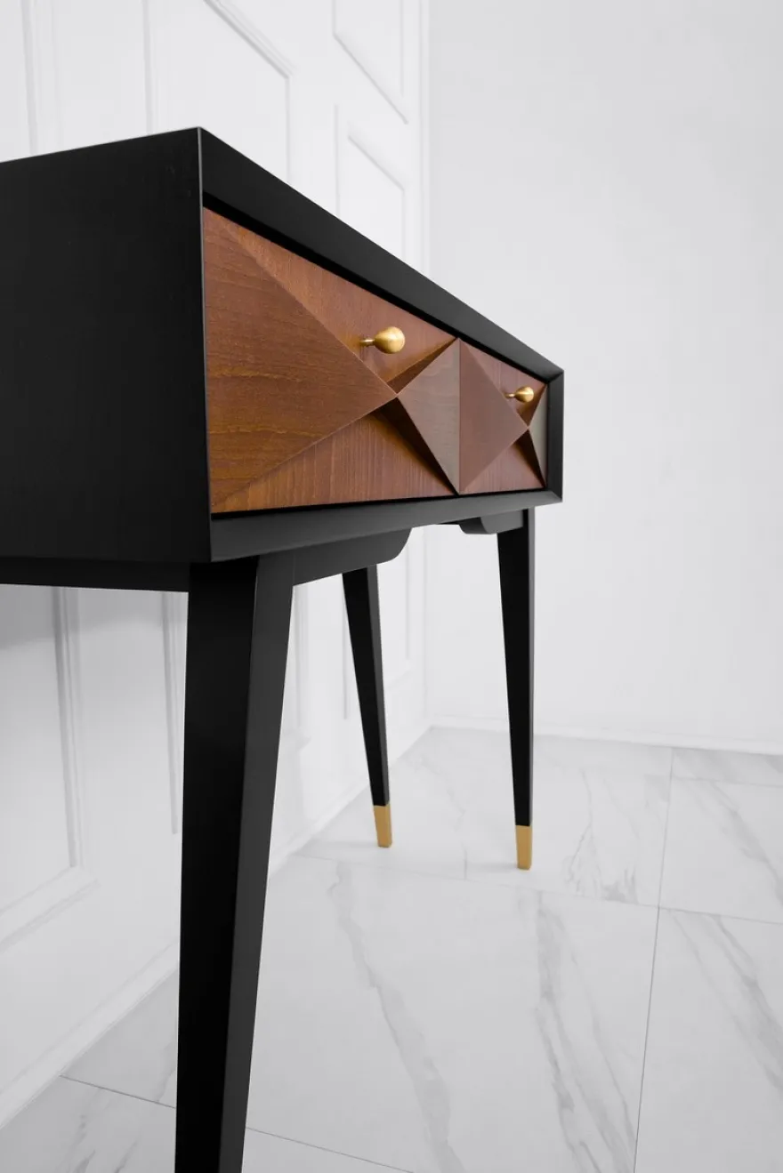 Casa Padrino Luxus Konsole Matt Schwarz / Matt Cognac / Gold 148 x 40 x H. 80 cm - Massivholz Konsolentisch mit 3 Schubladen - Luxus Möbel - Luxus Einrichtung