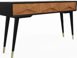 Casa Padrino Luxus Konsole Matt Schwarz / Matt Cognac / Gold 148 x 40 x H. 80 cm - Massivholz Konsolentisch mit 3 Schubladen - Luxus Möbel - Luxus Einrichtung