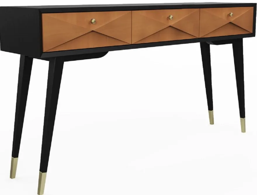 Casa Padrino Luxus Konsole Matt Schwarz / Matt Cognac / Gold 148 x 40 x H. 80 cm - Massivholz Konsolentisch mit 3 Schubladen - Luxus Möbel - Luxus Einrichtung
