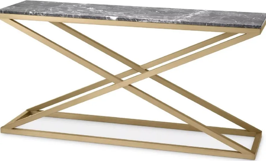 Casa Padrino Luxus Konsole Messing / Grau 150 x 40 x H. 74 cm - Rechteckiger Edelstahl Konsolentisch mit Marmorplatte - Wohnzimmer Möbel - Hotel Möbel - Luxus Möbel - Luxus Einrichtung