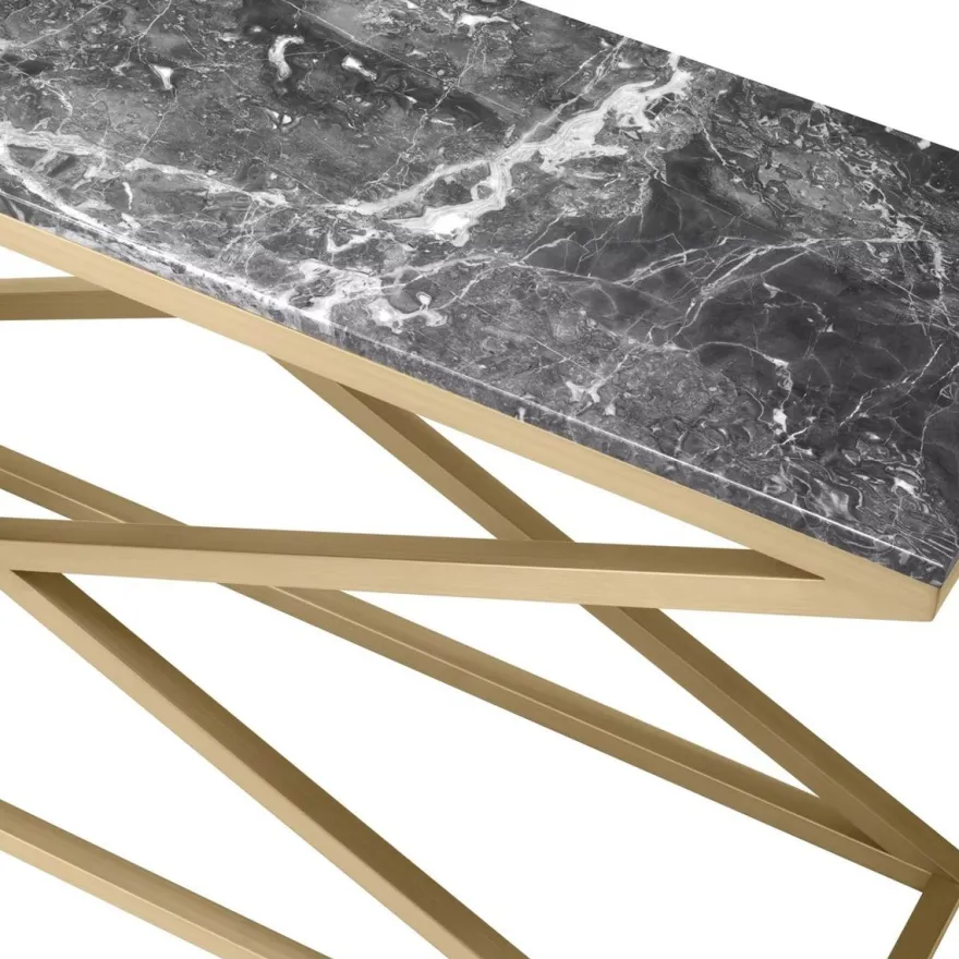 Casa Padrino Luxus Konsole Messing / Grau 150 x 40 x H. 74 cm - Rechteckiger Edelstahl Konsolentisch mit Marmorplatte - Wohnzimmer Möbel - Hotel Möbel - Luxus Möbel - Luxus Einrichtung