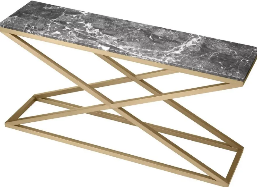 Casa Padrino Luxus Konsole Messing / Grau 150 x 40 x H. 74 cm - Rechteckiger Edelstahl Konsolentisch mit Marmorplatte - Wohnzimmer Möbel - Hotel Möbel - Luxus Möbel - Luxus Einrichtung