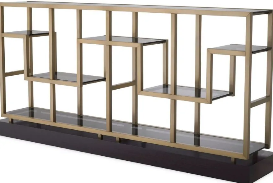 Casa Padrino Luxus Konsole Messing / Grau / Schwarz 213,5 x 34 x H. 104,5 cm - Rechteckiger Konsolentisch mit Glasplatten - Wohnzimmer Möbel - Hotel Möbel - Luxus Möbel - Luxus Einrichtung