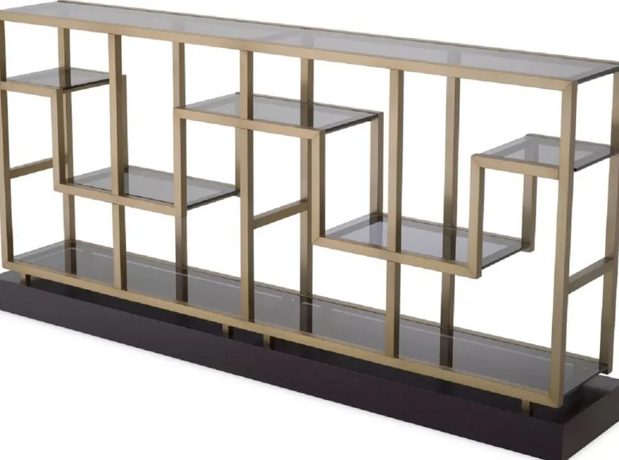 Casa Padrino Luxus Konsole Messing / Grau / Schwarz 213,5 x 34 x H. 104,5 cm - Rechteckiger Konsolentisch mit Glasplatten - Wohnzimmer Möbel - Hotel Möbel - Luxus Möbel - Luxus Einrichtung