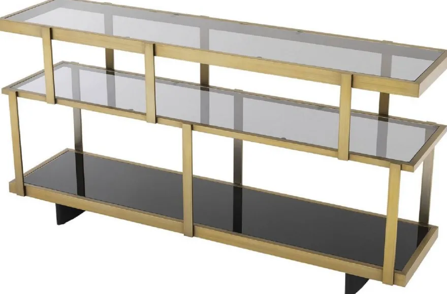 Casa Padrino Luxus Konsole Messingfarben / Schwarz 180 x 46 x H. 91 cm - Edelstahl Schrank mit Glasregalen - Regalschrank - Wohnzimmer Schrank - Büroschrank - Luxus Qualität