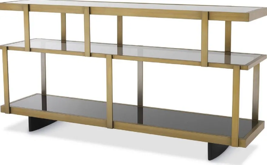 Casa Padrino Luxus Konsole Messingfarben / Schwarz 180 x 46 x H. 91 cm - Edelstahl Schrank mit Glasregalen - Regalschrank - Wohnzimmer Schrank - Büroschrank - Luxus Qualität