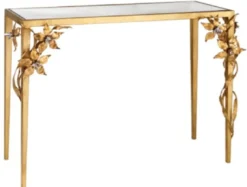 Casa Padrino Luxus Konsole mit dekorativen handgeschmiedeten Blumen Gold 120 x 45 x H. 95 cm - Edler Konsolentisch mit Glasplatte und Swarovski Kristallglas - Luxus Möbel