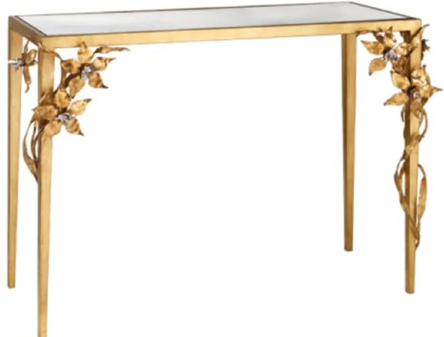 Casa Padrino Luxus Konsole mit dekorativen handgeschmiedeten Blumen Gold 120 x 45 x H. 95 cm - Edler Konsolentisch mit Glasplatte und Swarovski Kristallglas - Luxus Möbel
