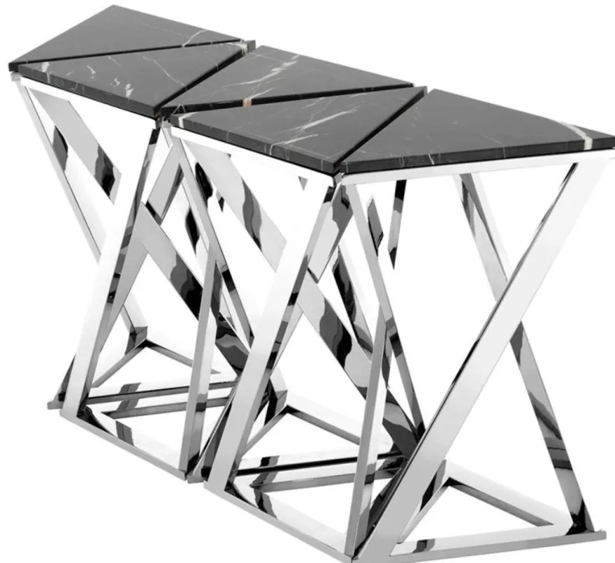 Casa Padrino Luxus Konsolen 5er Set in silber mit schwarzem Marmor 143 x 41 x H. 80,5 cm - Designer Hotel Möbel