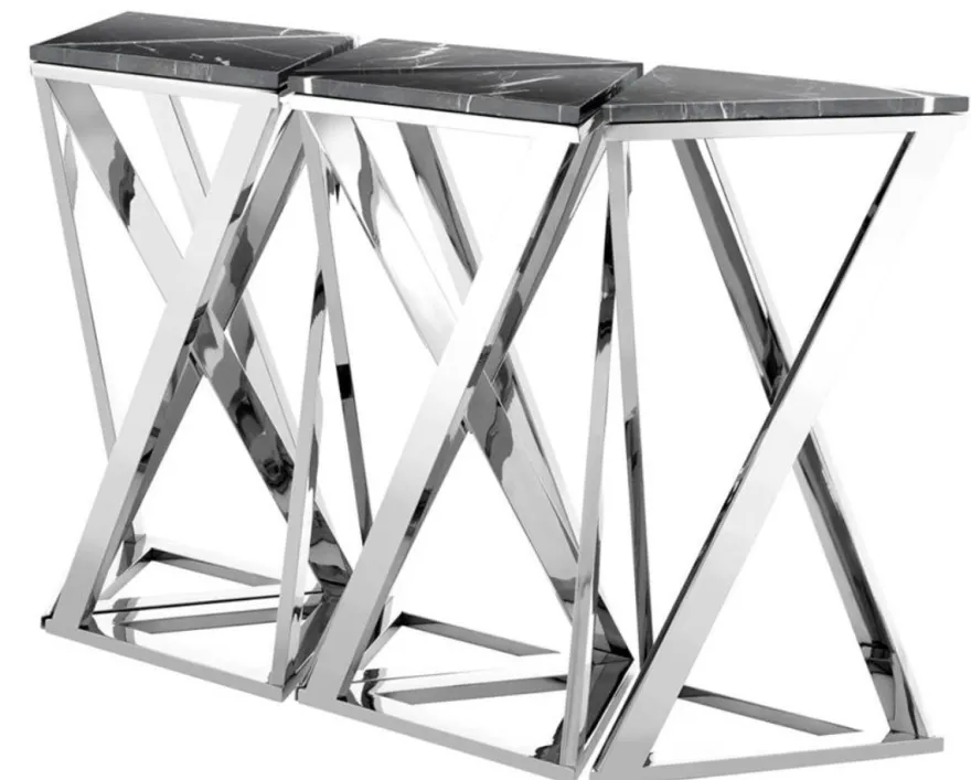 Casa Padrino Luxus Konsolen 5er Set in silber mit schwarzem Marmor 143 x 41 x H. 80,5 cm - Designer Hotel Möbel