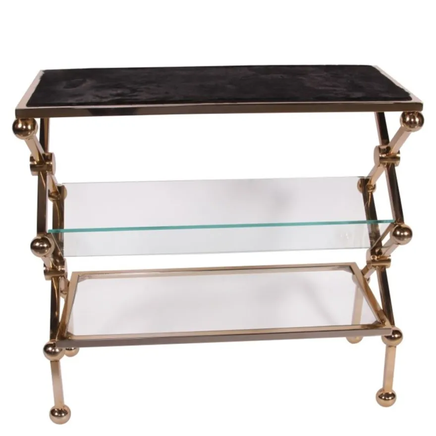 Casa Padrino Luxus Konsolentisch mit Fellauflage Gold / Schwarz 82 x 34 x H. 76 cm - Beistelltisch mit 2 Glasablagen