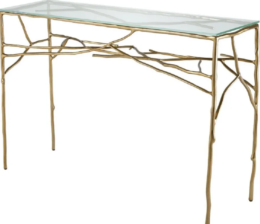Casa Padrino Luxus Konsolentisch Gold 118 x 34,5 x H. 78,5 cm - Konsole mit Glasplatte - Luxus Möbel