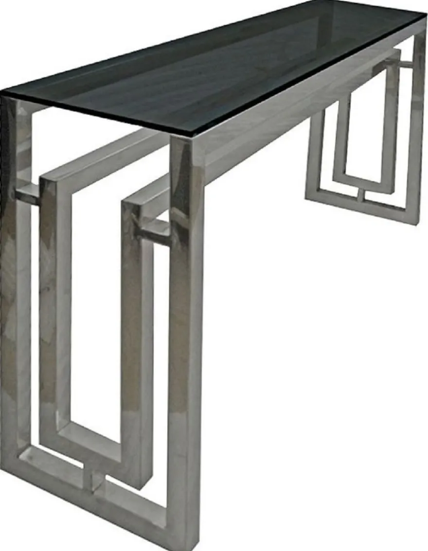 Casa Padrino Luxus Konsole Silber / Schwarz 150 x 38 x H. 75 cm - Metall Konsolentisch mit Glasplatte - Wohnzimmer Möbel - Luxus Möbel