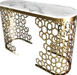 Casa Padrino Luxus Konsole Weiß / Gold 140 x 40 x H. 80 cm - Konsolentisch mit Kunstmarmor Tischplatte - Wohnzimmer Möbel - Luxus Möbel - Luxus Einrichtung