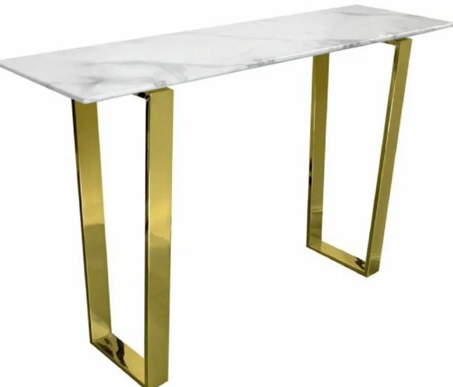 Casa Padrino Luxus Konsole Weiß / Gold 122 x 36 x H. 76 cm - Moderner Konsolentisch mit synthetischer Marmorplatte und Stahlbeinen - Wohnzimmer Möbel