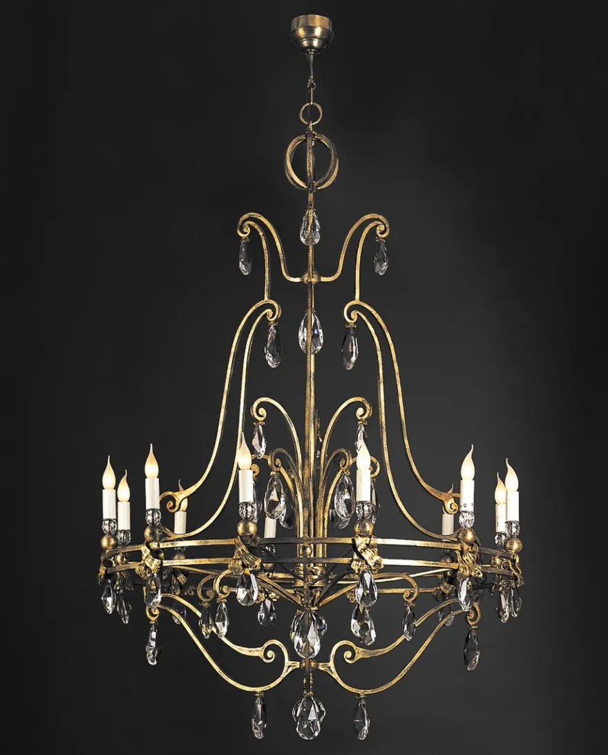 Casa Padrino Luxus Kronleuchter Antikgold Ø 120 x H. 160 cm - Handgefertigter Kronleuchter aus Schmiedeeisen mit Kristallbehang - Luxus Kollektion - Edel & Prunkvoll