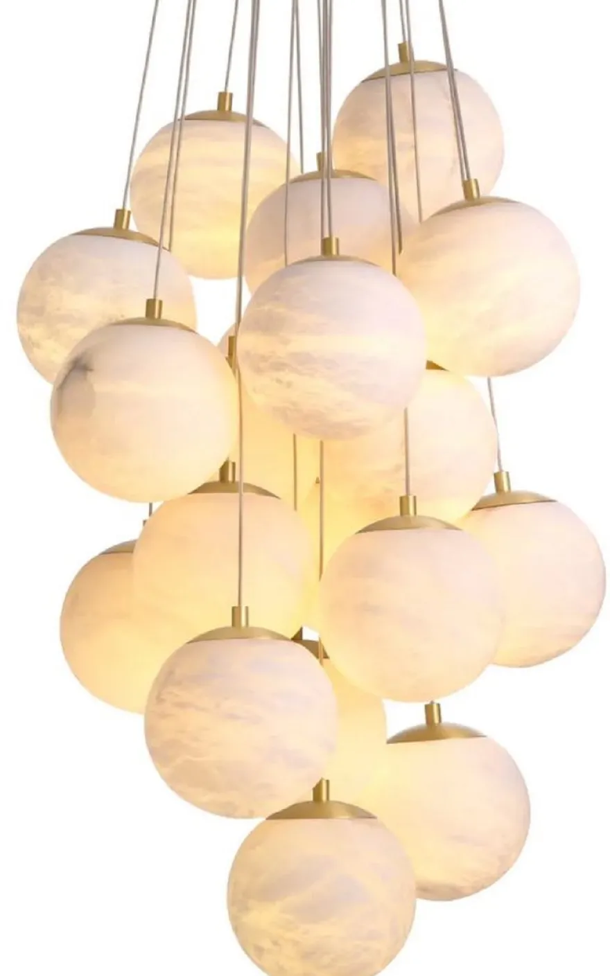 Casa Padrino Luxus Kronleuchter Alabaster / Antik Messing Ø 75 x H. 170 cm - Wohnzimmer Kronleuchter mit Alabaster Lampenschirmen - Luxus Qualität