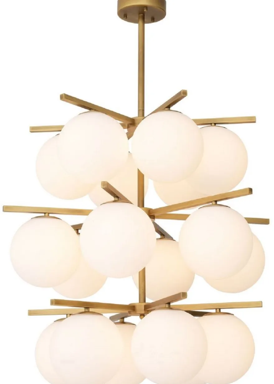 Casa Padrino Luxus Kronleuchter Antik Messingfarben / Weiß Ø 68 x H. 80 cm - Moderner Metall Kronleuchter mit runden Glas Lampenschirmen - Luxus Kollektion