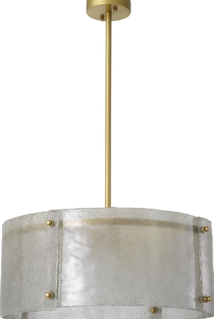 Casa Padrino Luxus Kronleuchter Antik Messingfarben Ø 68 x H. 28,5 cm - Runder Metall Kronleuchter mit Lampenschirm aus mundgeblasenem Glas - Luxus Qualität
