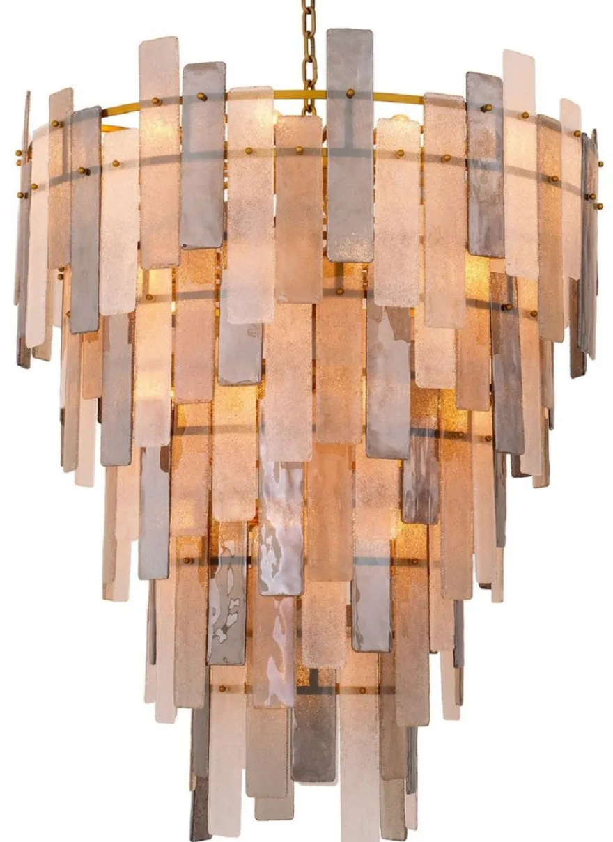 Casa Padrino Luxus Kronleuchter Grau / Antik Messing Ø 114 x H. 141 cm - Runder Glas Kronleuchter - Wohnzimmer Kronleuchter - Hotel Kronleuchter - Luxus Möbel - Luxus Interior