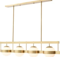 Casa Padrino Luxus Kronleuchter Antik Messingfarben / Weiß 140 x 22 x H. 30 cm - Moderner Metall Kronleuchter mit runden Glas Lampenschirmen - Luxus Kollektion