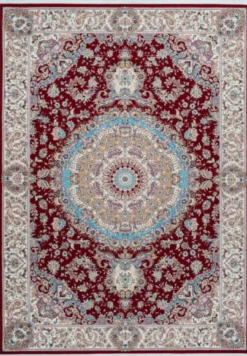 Casa Padrino Luxus Kunstfaser Teppich mit Fransen Rot / Creme / Türkis - Verschiedene Größen - Rechteckiger Wohnzimmer Teppich im Orientalischen Stil