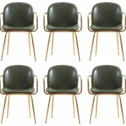 Casa Padrino Luxus Kunstleder Esszimmer Stuhl 6er Set mit Armlehnen Grün / Gold H. 84 cm