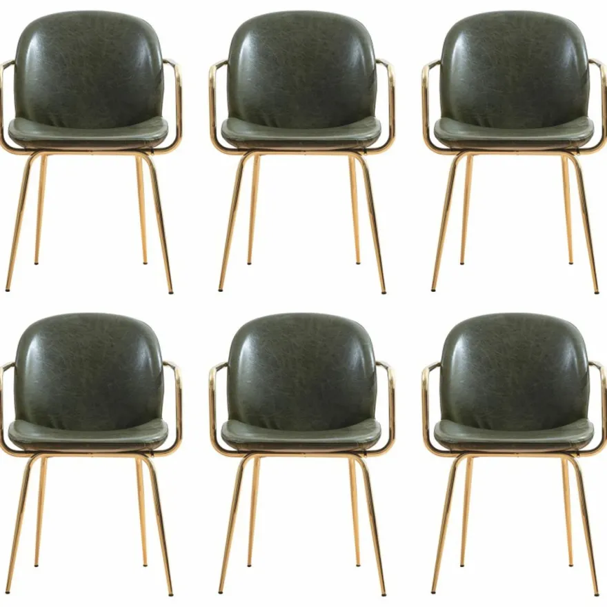 Casa Padrino Luxus Kunstleder Esszimmer Stuhl 6er Set mit Armlehnen Grün / Gold H. 84 cm