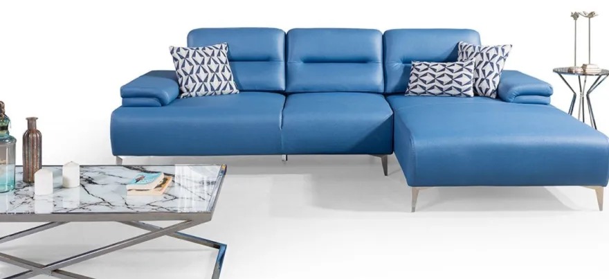 Casa Padrino Luxus Kunstleder Ecksofa Blau / Silber 285 x 182 cm - Wohnzimmer Möbel