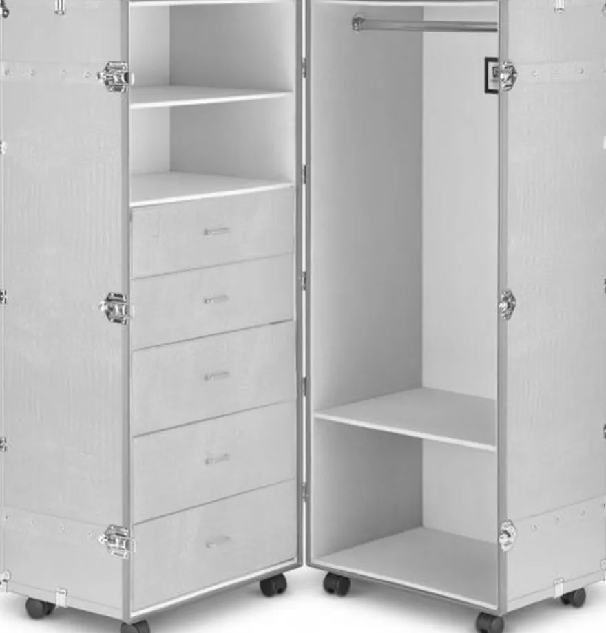 Casa Padrino Luxus Kunstleder Kofferschrank mit Rollen Weiß / Silber 60 x 86 x H. 143 cm - Schrankkoffer im Vintage Stil - Luxus Accessoires