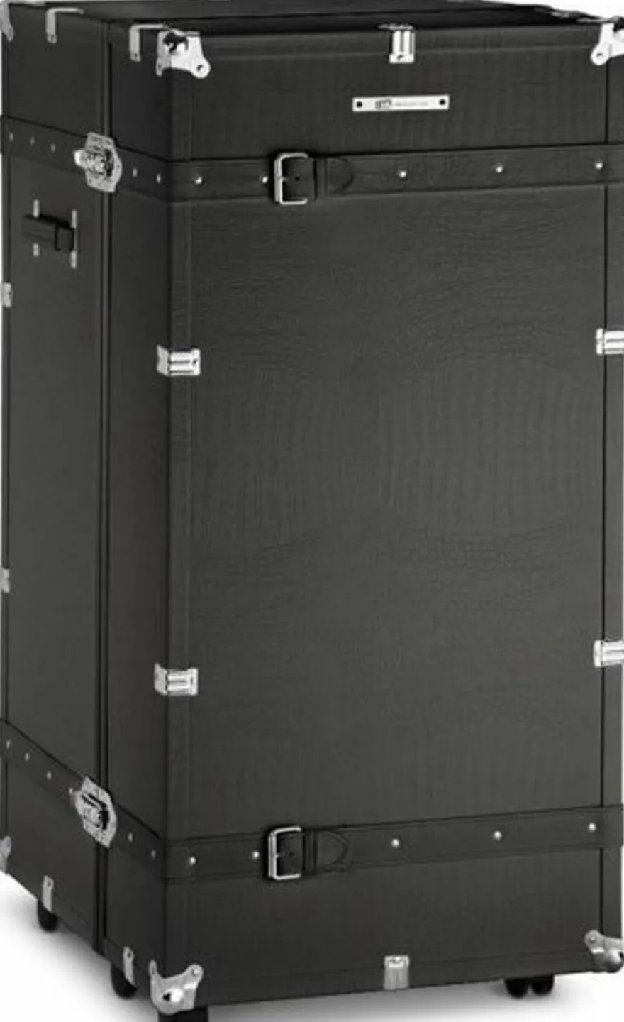 Casa Padrino Luxus Kunstleder Kofferschrank im Vintage Stil Schwarz / Silber 60 x 69 x H. 120 cm - Schrankkoffer mit Rollen - Luxus Kollektion