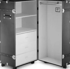 Casa Padrino Luxus Kunstleder Kofferschrank im Vintage Stil Schwarz / Silber 60 x 69 x H. 120 cm - Schrankkoffer mit Rollen - Luxus Kollektion