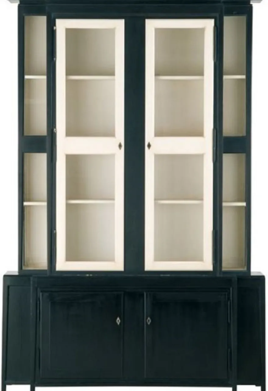 Casa Padrino Luxus Landhausstil Vitrine Schwarz / Weiß 180 x 45 x H. 270 cm - Handgefertigter Vitrinenschrank - Massivholz Küchenschrank - Landhausstil Möbel