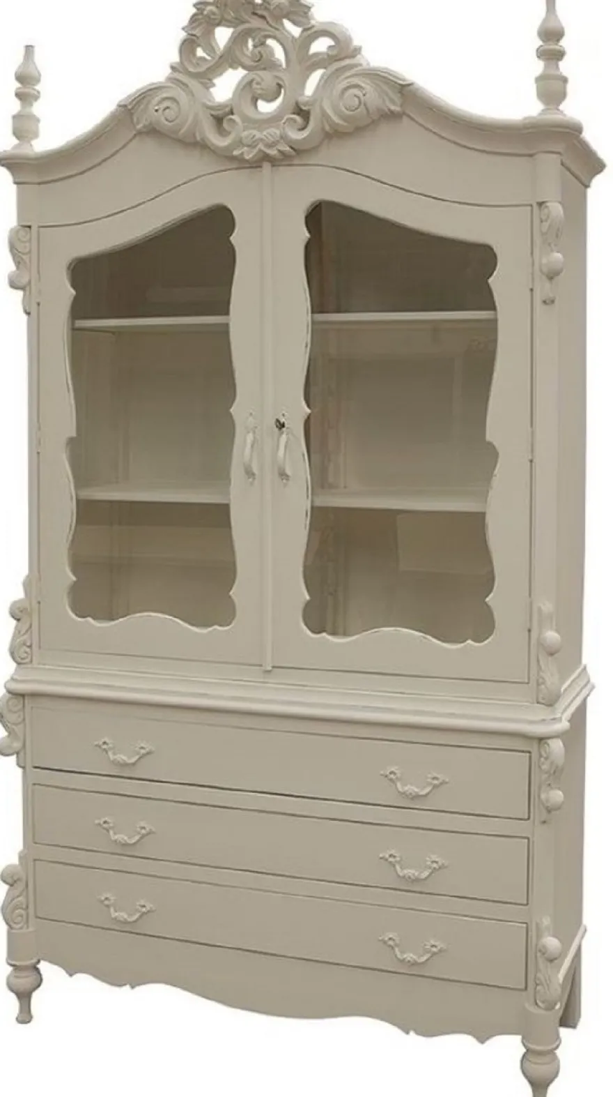 Casa Padrino Luxus Landhausstil Küchenschrank Antik Cremefarben 150 x 60 x H. 255 cm - Handgefertigter Massivholz Schrank mit 2 Glastüren und 3 Schubladen - Landhausstil Küchen Möbel - Luxus Qualität