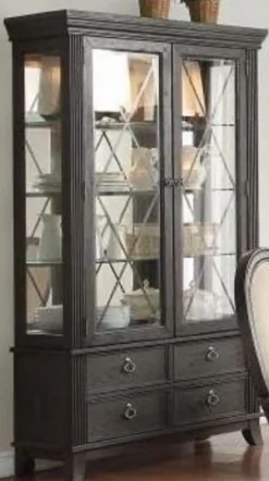 Casa Padrino Luxus Landhausstil Vitrine mit LED Beleuchtung Schwarz 124 x 57 x H. 177 cm - Beleuchteter Massivholz Vitrinenschrank mit 2 Glastüren und 4 Schubladen - Landhausstil Möbel