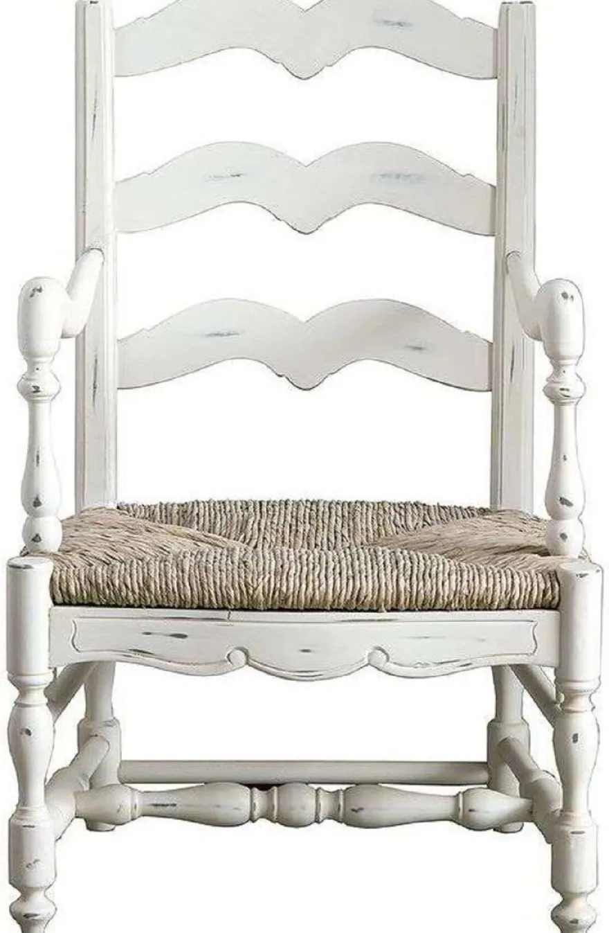 Casa Padrino Luxus Landhausstil Shabby Chic Esszimmer Stuhl mit Armlehnen Antik Weiß / Naturfarben 55 x 50 x H. 90 cm - Luxus Esszimmer Möbel im Landhausstil